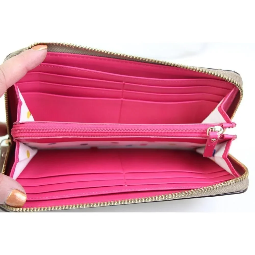 kate spade new york ANTIQUE GOLD REAL LEATHER LOGO ZIP AROUND CARD WALLET CLUTCH